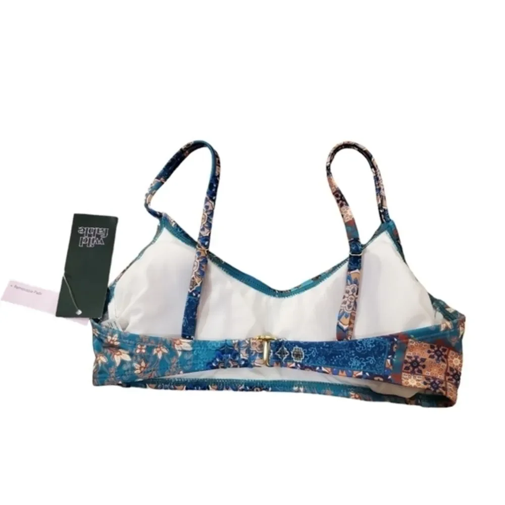 Girls Blue Patchwork Floral Print Bikini Top XS 0-2 Adjustable Straps‎